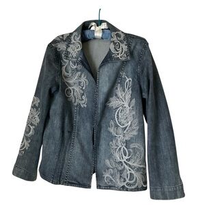 Chico's Platinum Blue and White Embroidered Jean Jacket Sz 2( L)